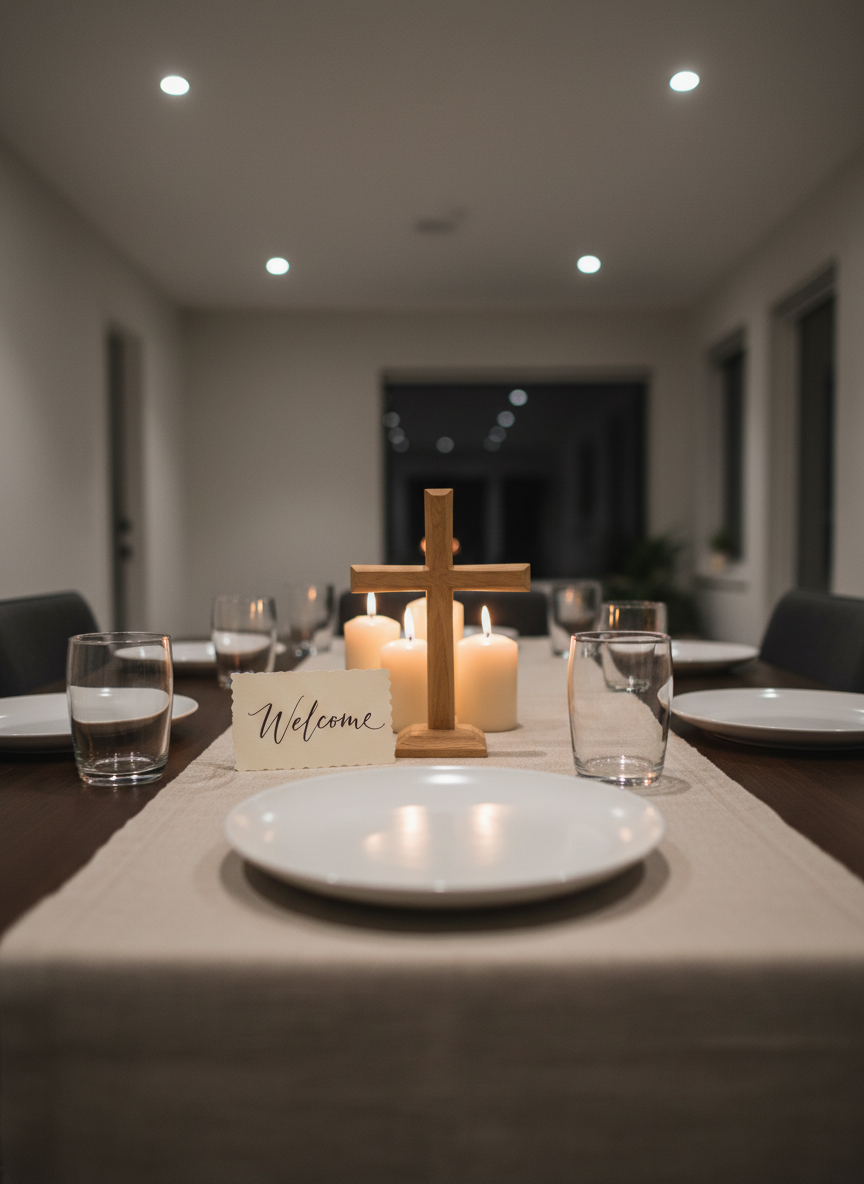 A meticulously arranged dining table in a modern home, designed for an intimate faith-centered gathering, featuring a natural linen table runner, simple white ceramic plates, and clear glass water tumblers aligned with professional precision. At the center, a wooden cross centerpiece rests beside a small handwritten card reading “Welcome” in elegant script, illuminated by three unscented ivory pillar candles. The room is bathed in soft, diffused evening light from recessed ceiling fixtures, adding a calm, contemplative glow. Photographic realism with a slightly elevated angle and sharp focus throughout, showcasing the orderliness of the place settings and the serene, hospitable mood that invites guests to pause, listen, and create space to hear God’s voice at home.