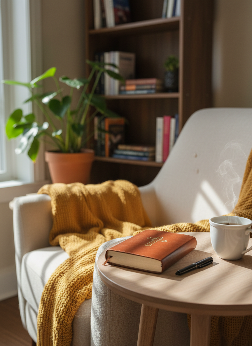 A cozy corner of a sunlit living room transformed into a prayer and reflection space, featuring a well-cushioned armchair draped with a neatly folded mustard-yellow throw blanket and a small side table in light ash wood. On the table rests a closed leather-bound journal with a gold-embossed cross, a fine-point pen, and a small ceramic cup of herbal tea releasing faint steam. Morning sunlight filters through a nearby window, casting soft linear patterns across the journal and armchair. Photographic realism with a three-quarter view and shallow depth of field, keeping the journal and tea in crisp focus while a blurred bookshelf of spiritual literature and a leafy plant sit in the background, creating a peaceful, professional atmosphere for hearing God’s whisper.