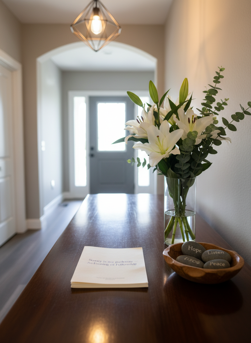 A polished entryway console table in a contemporary home, styled for a spiritual home event, holding a stack of neatly printed programs in a clean serif font titled “Sunny is my pathway – An Evening of Fellowship.” Beside the stack stands a simple clear glass vase with fresh white lilies and eucalyptus stems, and a small wooden bowl containing smooth river stones etched with single words like “Hope” and “Listen.” Soft overhead pendant lighting and subtle natural light from an adjacent doorway mix to create a balanced, inviting brightness with gentle reflections on the table’s surface. Photographic realism, shot straight-on at eye level with moderate depth of field, ensuring the text on the top program is legible while the background hallway and closed front door are softly out of focus, conveying a professional yet warm welcome into a God-centered gathering.